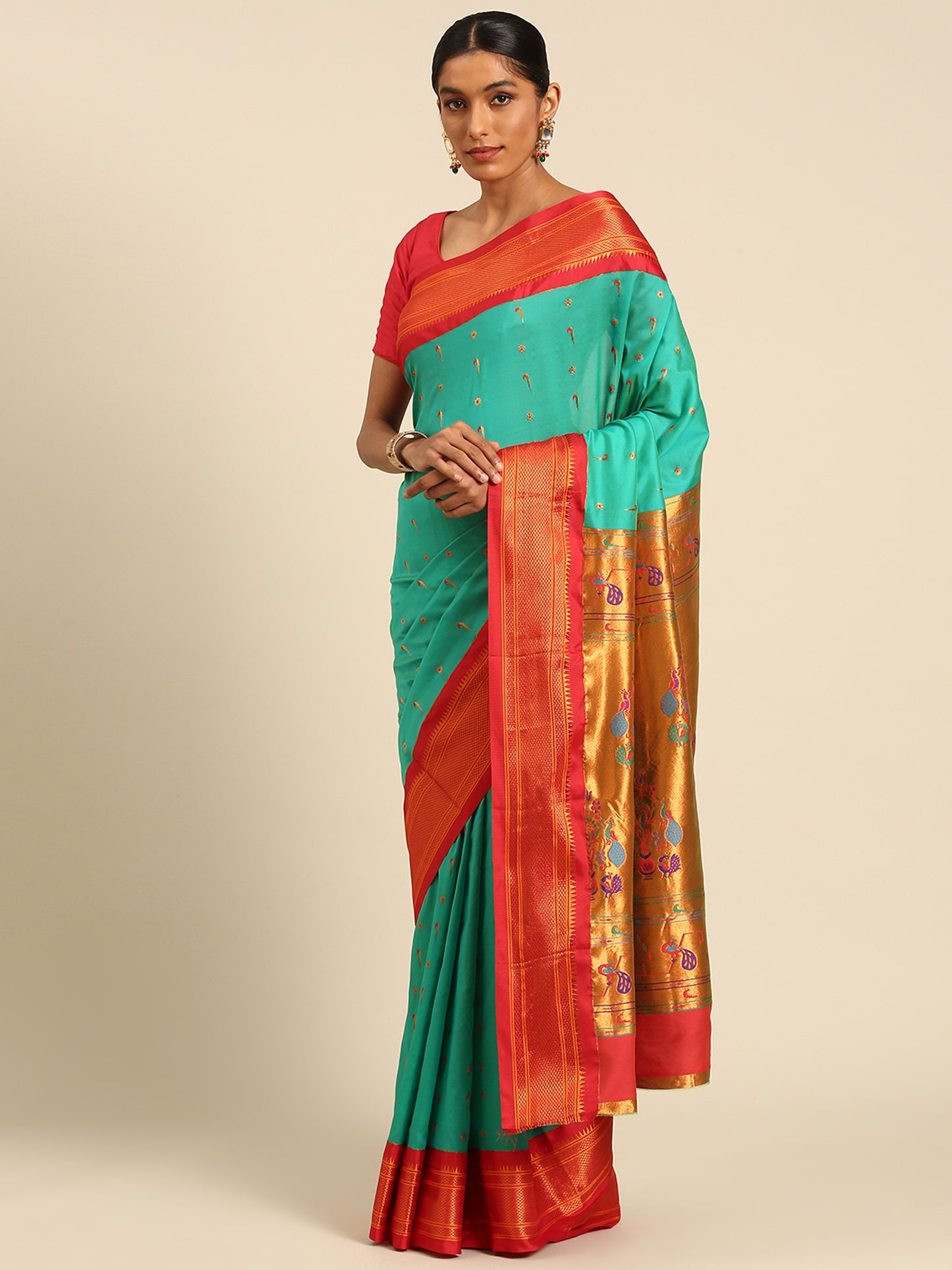 Suruchi Sea Green & Red Soft Silk Muniya Paithani Saree