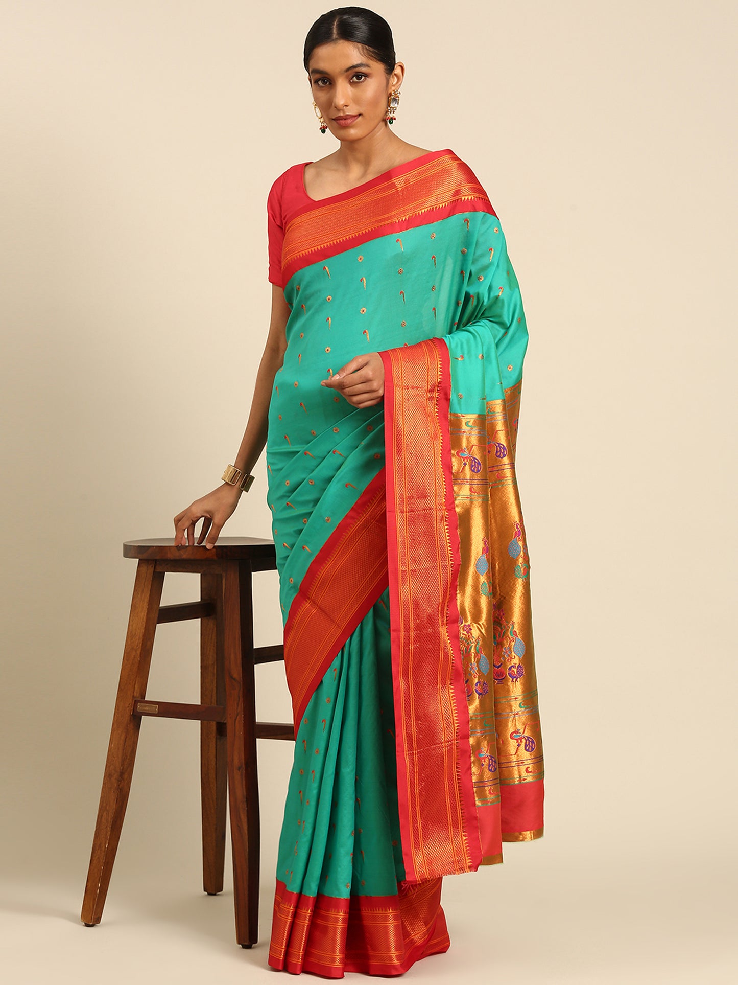 Suruchi Sea Green & Red Soft Silk Muniya Paithani Saree