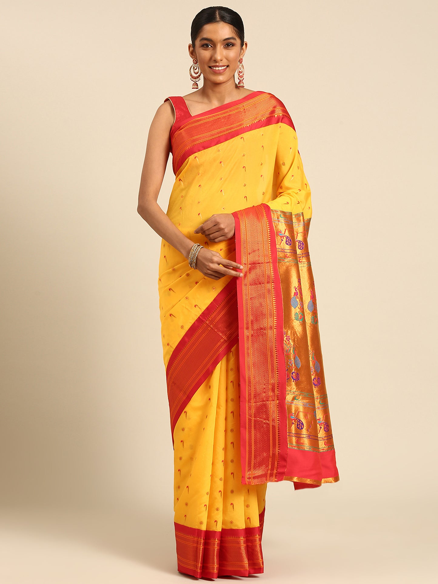 Suruchi Haldi & Red Soft Silk Muniya Paithani Saree