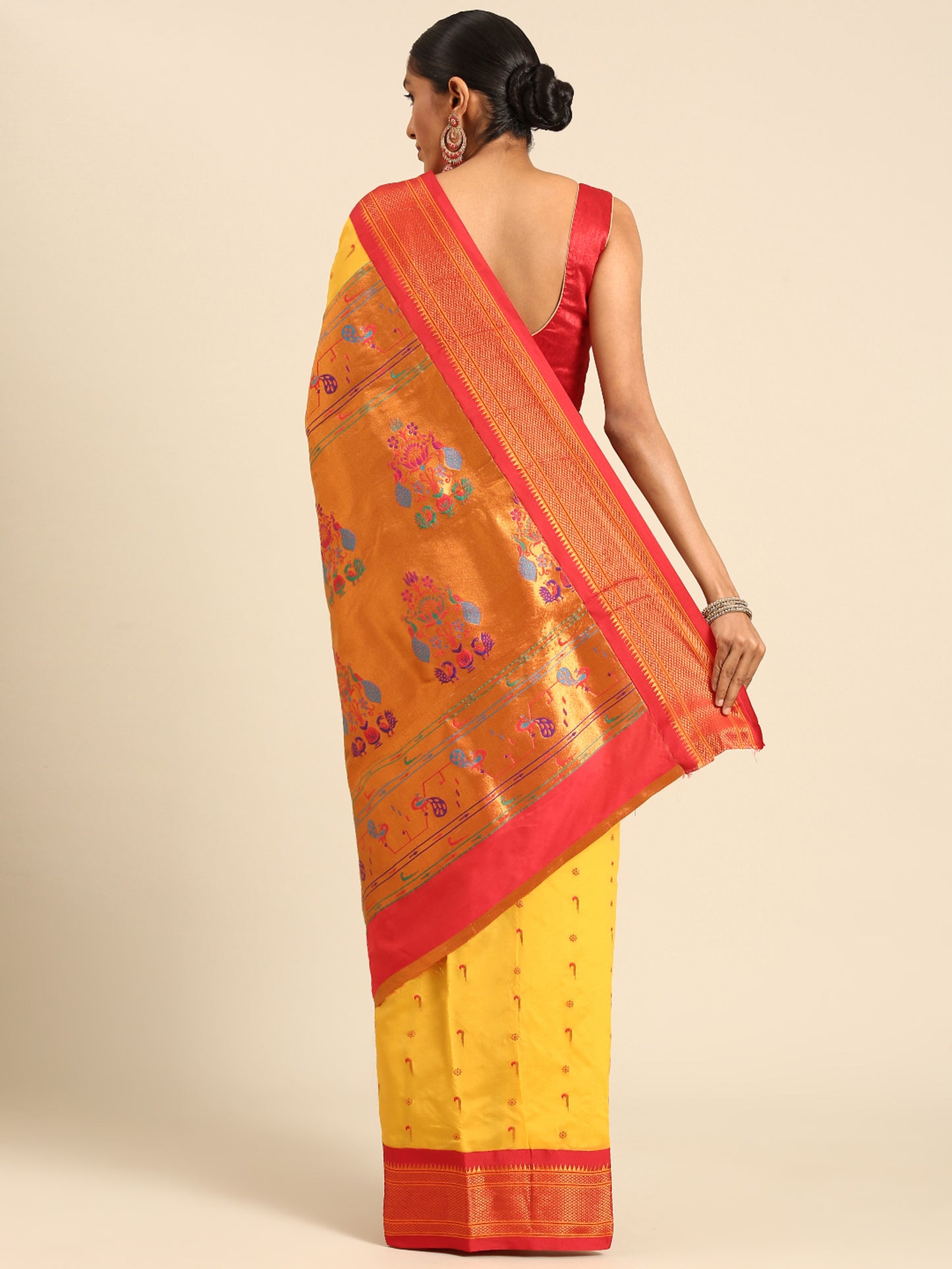 Suruchi Haldi & Red Soft Silk Muniya Paithani Saree