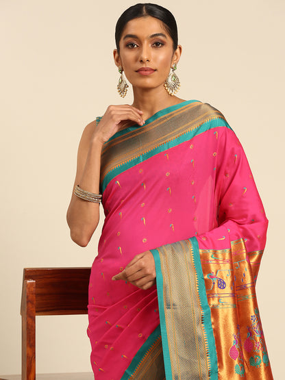 Suruchi Hot Pink & Rama Soft Silk Muniya Paithani Saree