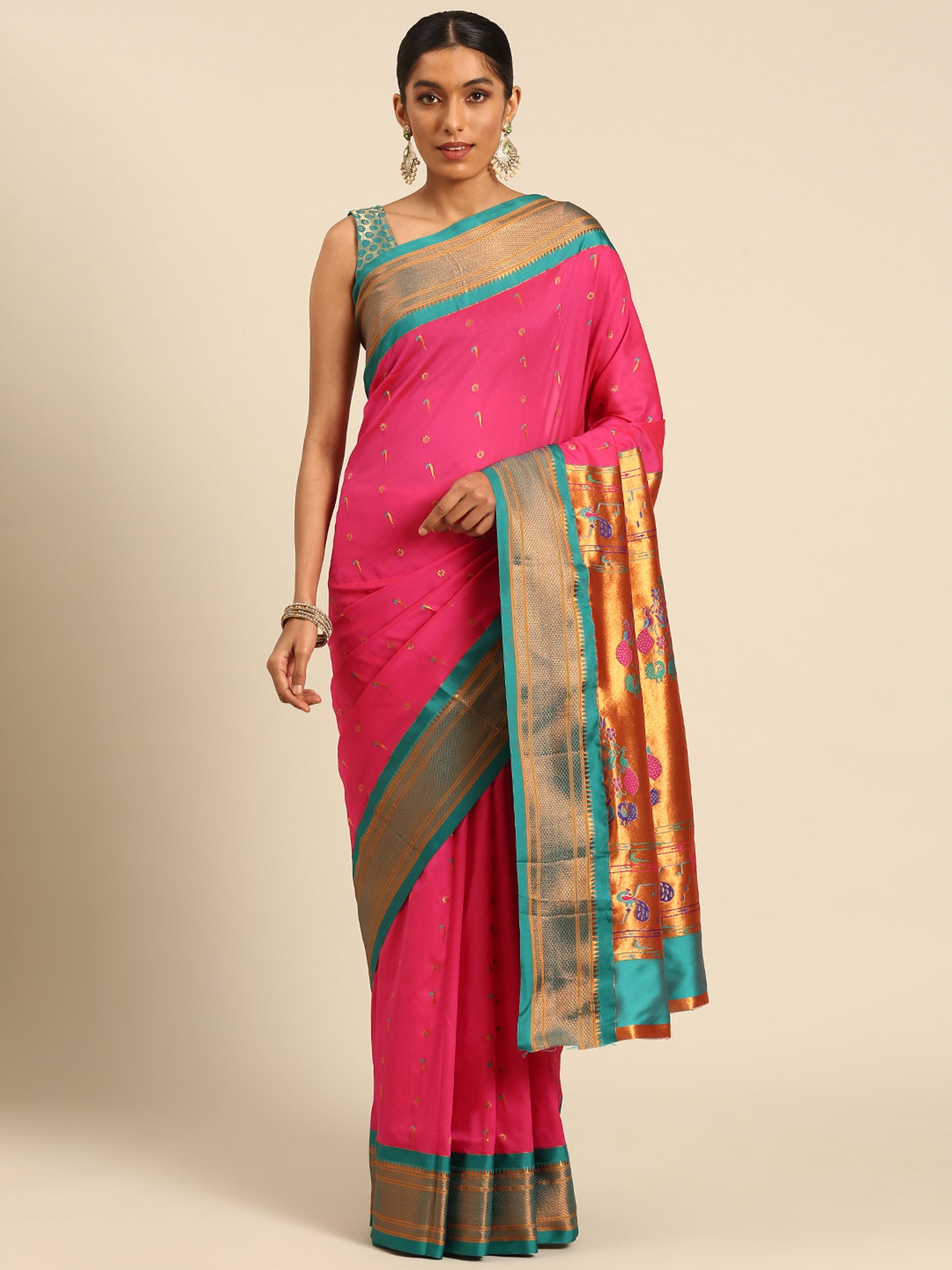 Suruchi Hot Pink & Rama Soft Silk Muniya Paithani Saree