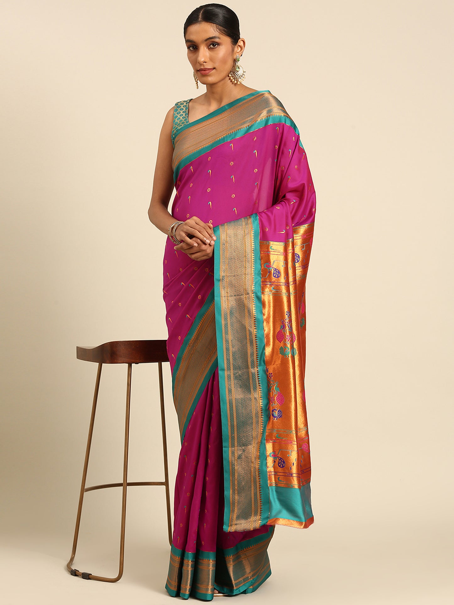 Suruchi Magenta & Rama Soft Silk Muniya Paithani Saree