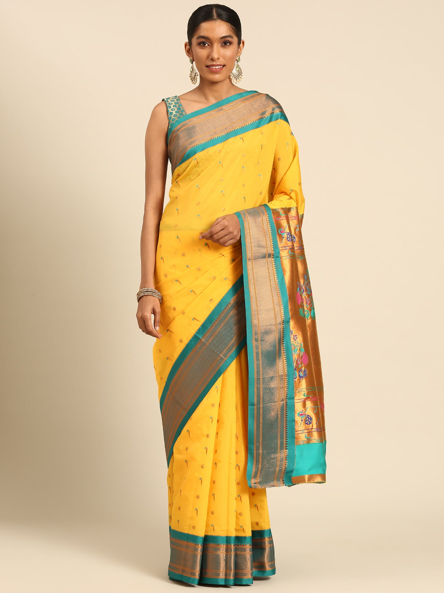 Suruchi Haldi & Rama Soft Silk Muniya Paithani Saree