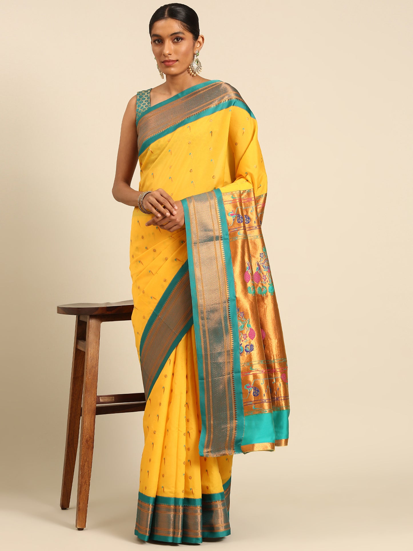 Suruchi Haldi & Rama Soft Silk Muniya Paithani Saree