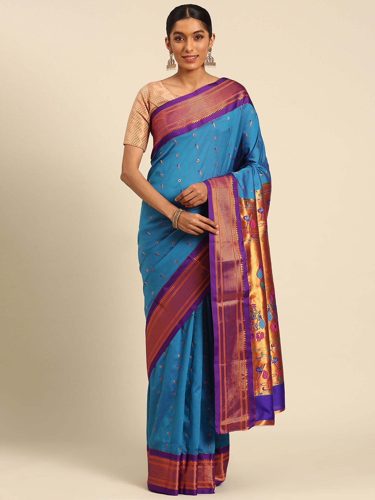 Suruchi Firozi & Violet Soft Silk Muniya Paithani Saree