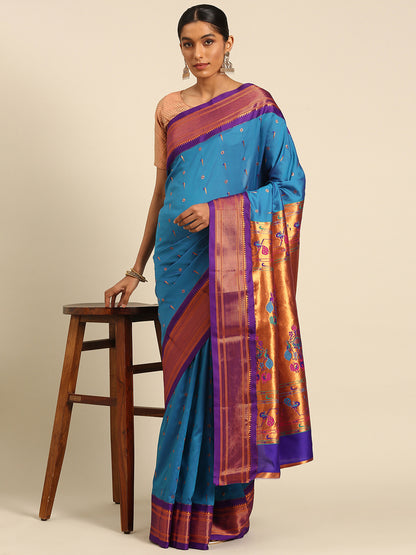 Suruchi Firozi & Violet Soft Silk Muniya Paithani Saree