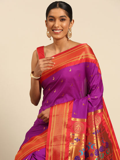 Chandrkala Purple & Red Soft Silk Chandrakor Paithani Saree