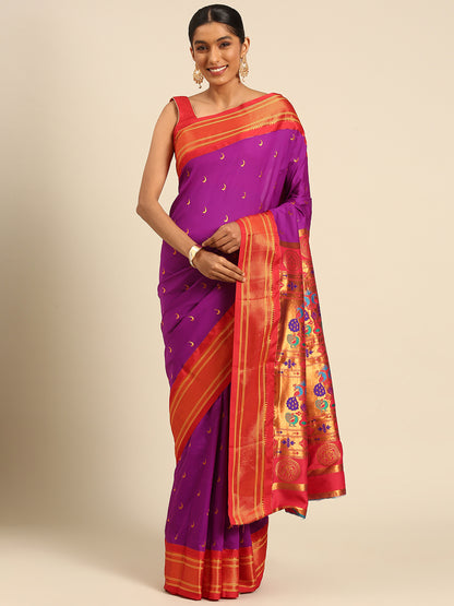 Chandrkala Purple & Red Soft Silk Chandrakor Paithani Saree