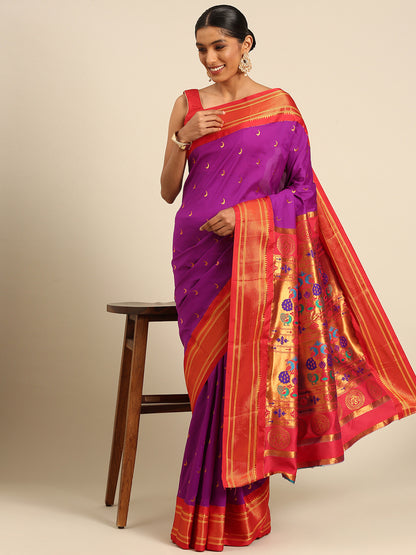 Chandrkala Purple & Red Soft Silk Chandrakor Paithani Saree