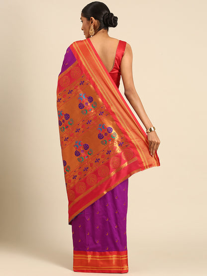 Chandrkala Purple & Red Soft Silk Chandrakor Paithani Saree