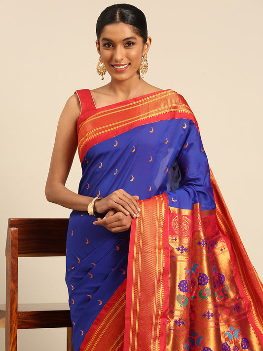 Chandrkala Royal Blue & Red Soft Silk Chandrakor Paithani Saree