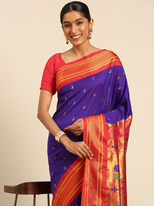 Chandrkala Indigo Blue & Red Soft Silk Chandrakor Paithani Saree