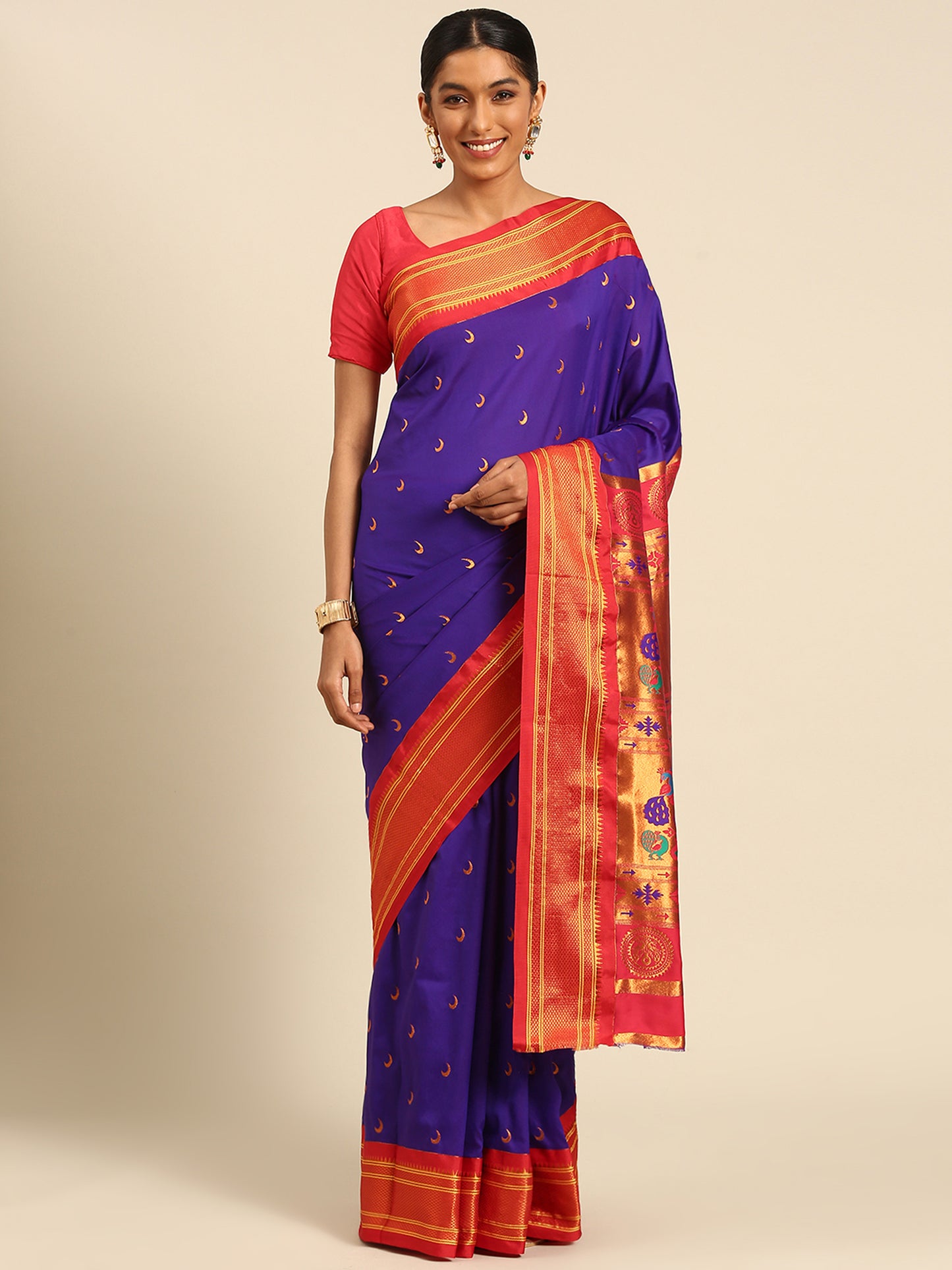 Chandrkala Indigo Blue & Red Soft Silk Chandrakor Paithani Saree