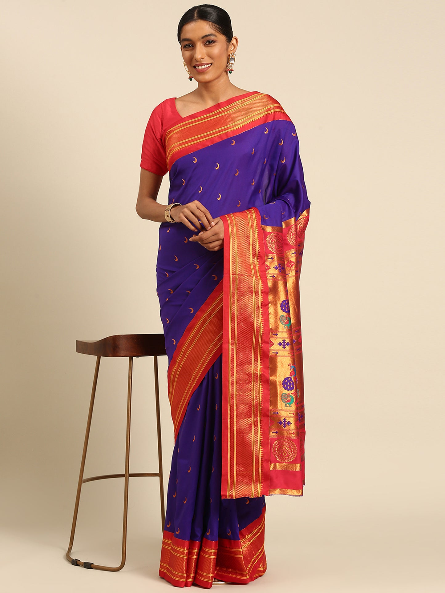 Chandrkala Indigo Blue & Red Soft Silk Chandrakor Paithani Saree