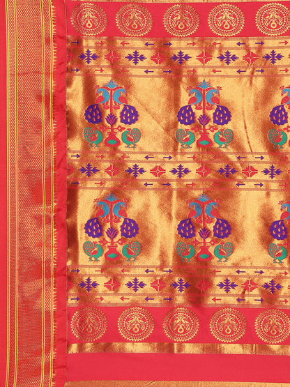 Chandrkala Indigo Blue & Red Soft Silk Chandrakor Paithani Saree