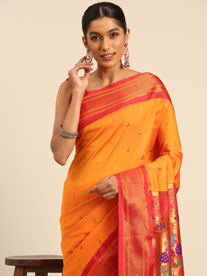 Chandrkala Mustard & Red Soft Silk Chandrakor Paithani Saree