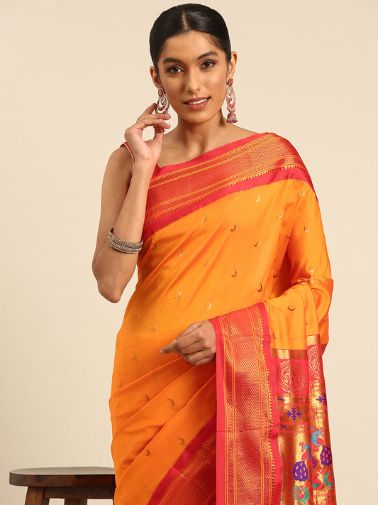 Chandrkala Mustard & Red Soft Silk Chandrakor Paithani Saree