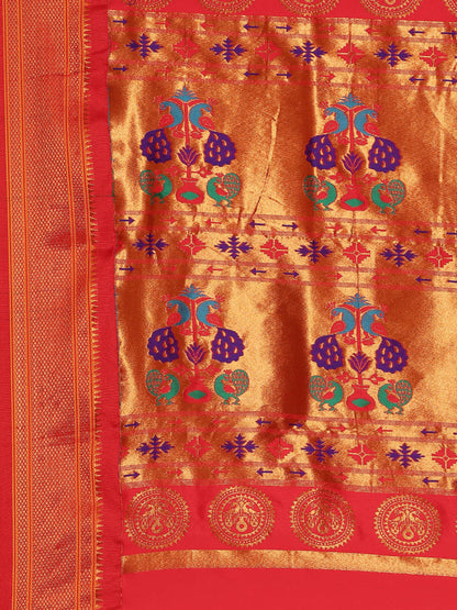 Chandrkala Mustard & Red Soft Silk Chandrakor Paithani Saree