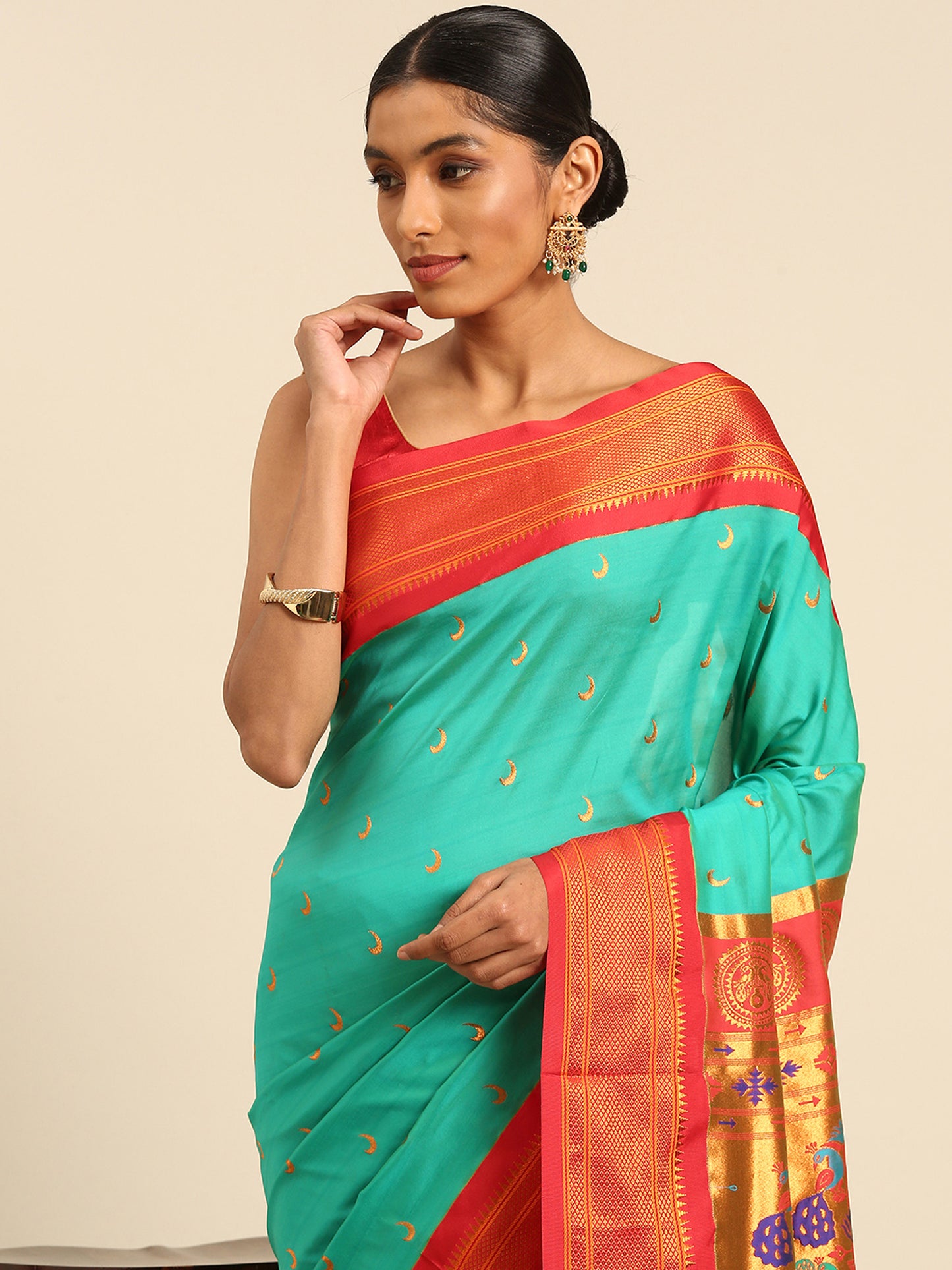 Chandrkala Sea Green & Red Soft Silk Chandrakor Paithani Saree