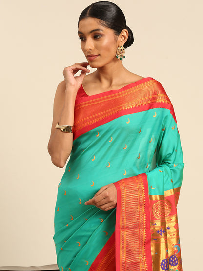 Chandrkala Sea Green & Red Soft Silk Chandrakor Paithani Saree