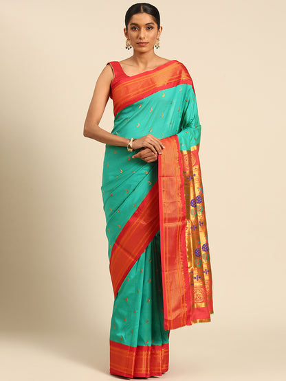 Chandrkala Sea Green & Red Soft Silk Chandrakor Paithani Saree