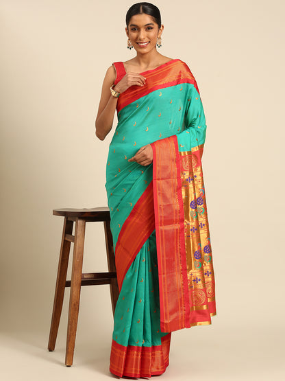 Chandrkala Sea Green & Red Soft Silk Chandrakor Paithani Saree