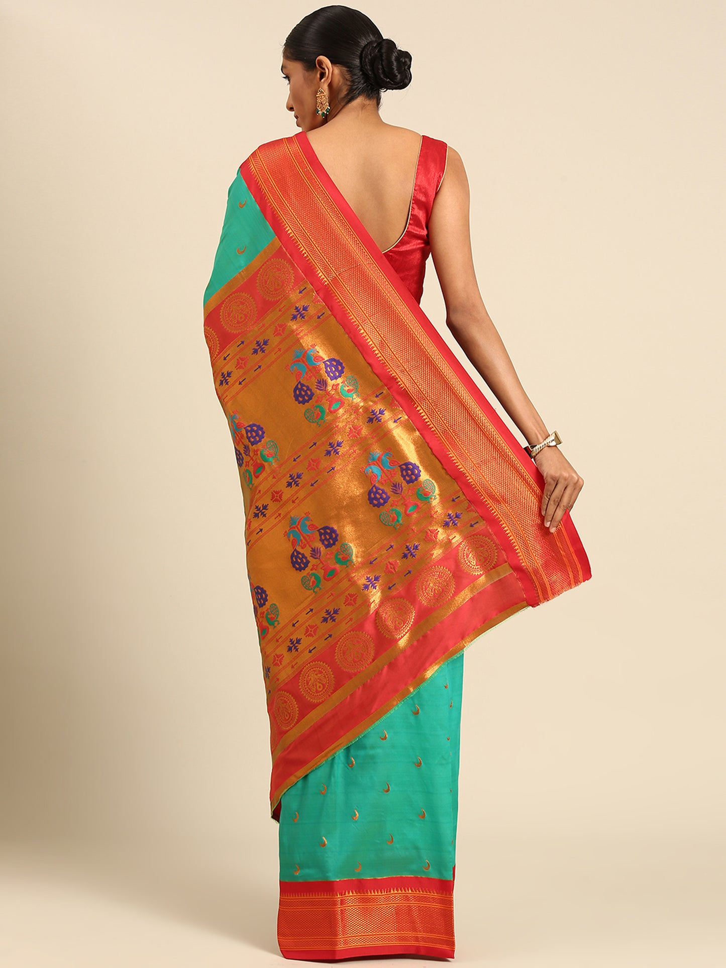 Chandrkala Sea Green & Red Soft Silk Chandrakor Paithani Saree