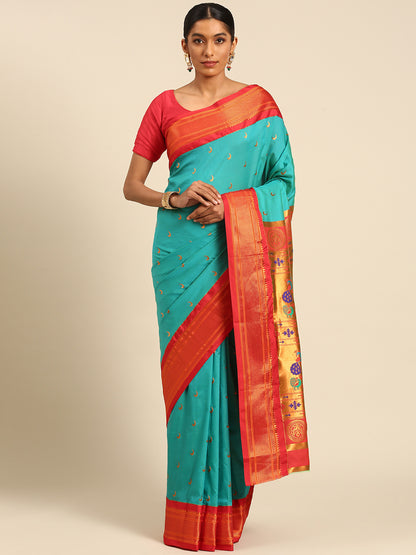 Chandrkala Chintamani Blue & Red Soft Silk Chandrakor Paithani Saree