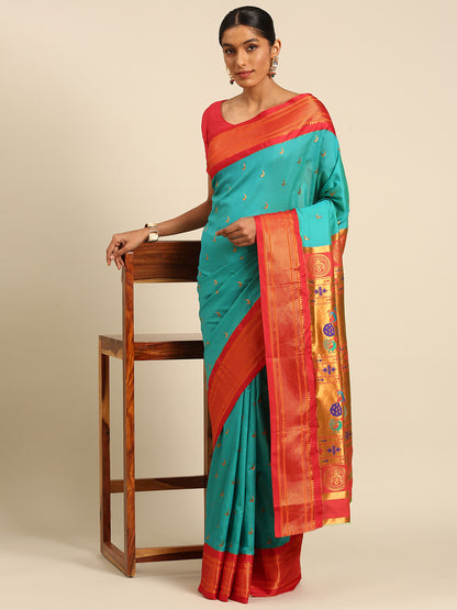 Chandrkala Chintamani Blue & Red Soft Silk Chandrakor Paithani Saree