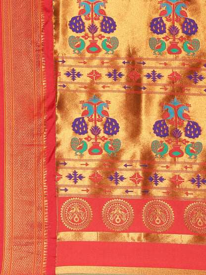 Chandrkala Chintamani Blue & Red Soft Silk Chandrakor Paithani Saree