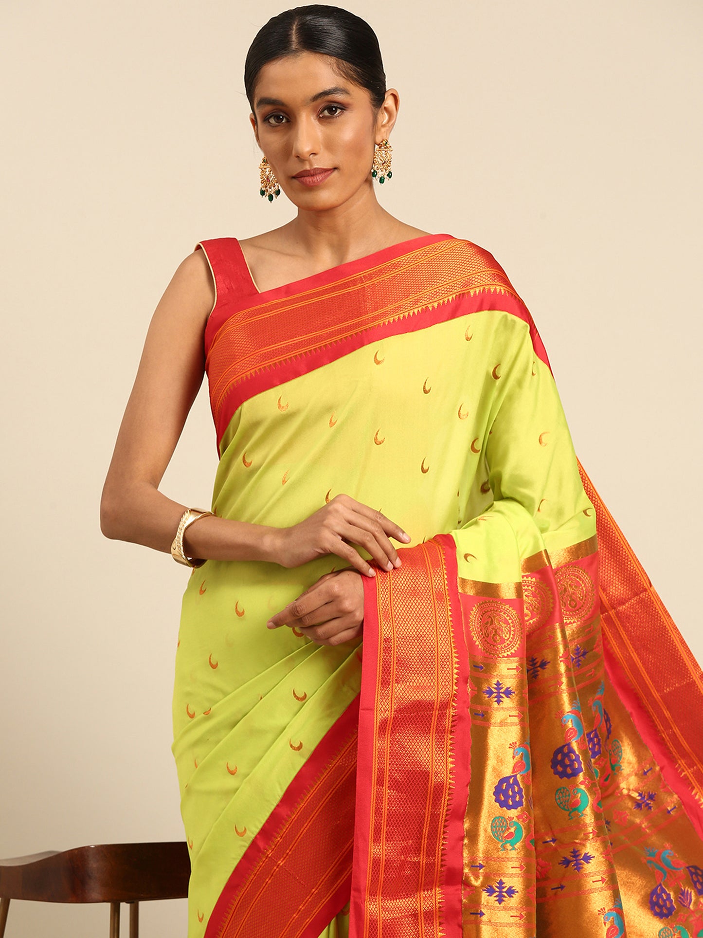 Chandrkala Parrot Green & Red Soft Silk Chandrakor Paithani Saree