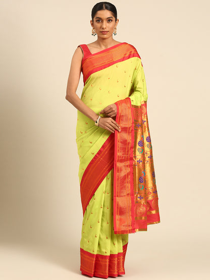 Chandrkala Parrot Green & Red Soft Silk Chandrakor Paithani Saree