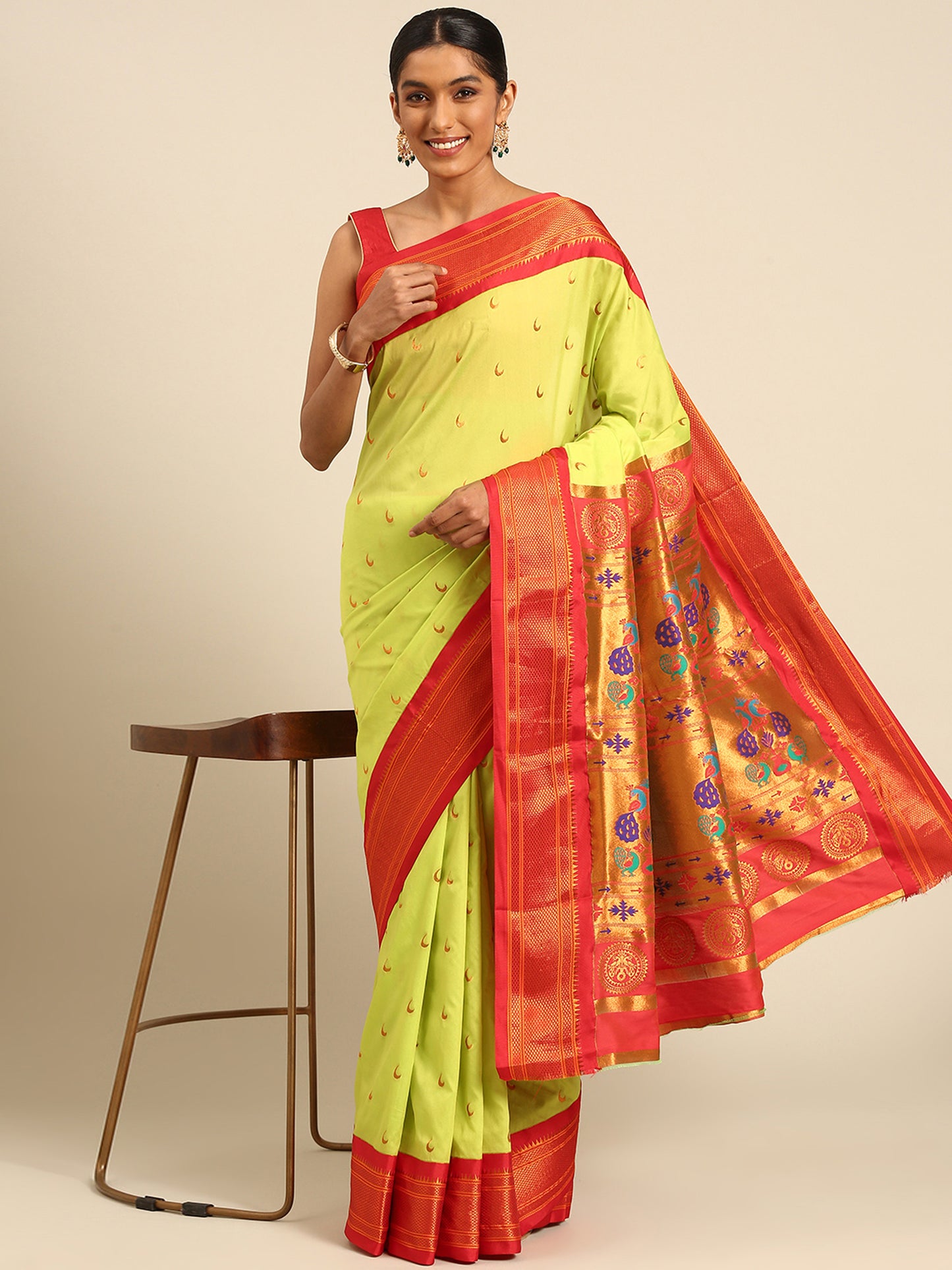 Chandrkala Parrot Green & Red Soft Silk Chandrakor Paithani Saree