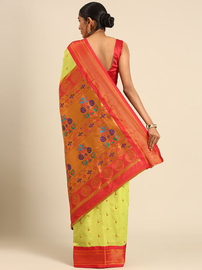 Chandrkala Parrot Green & Red Soft Silk Chandrakor Paithani Saree