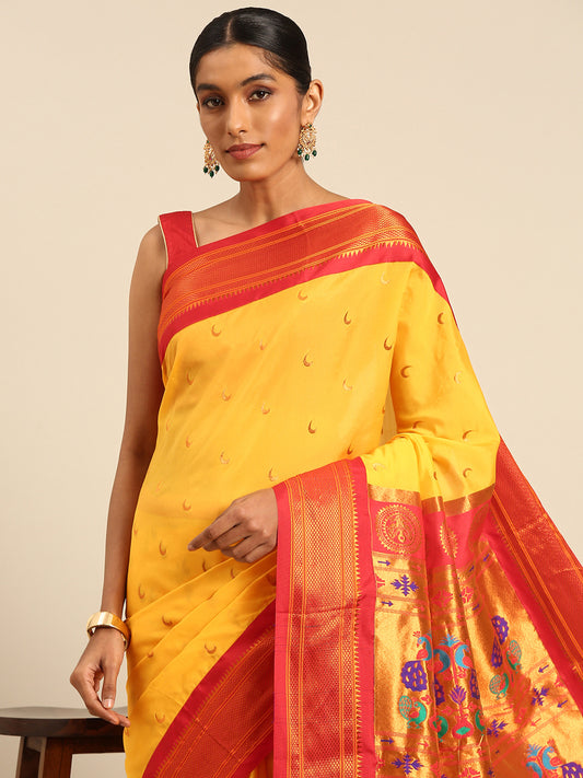 Chandrkala Haldi & Red Soft Silk Chandrakor Paithani Saree