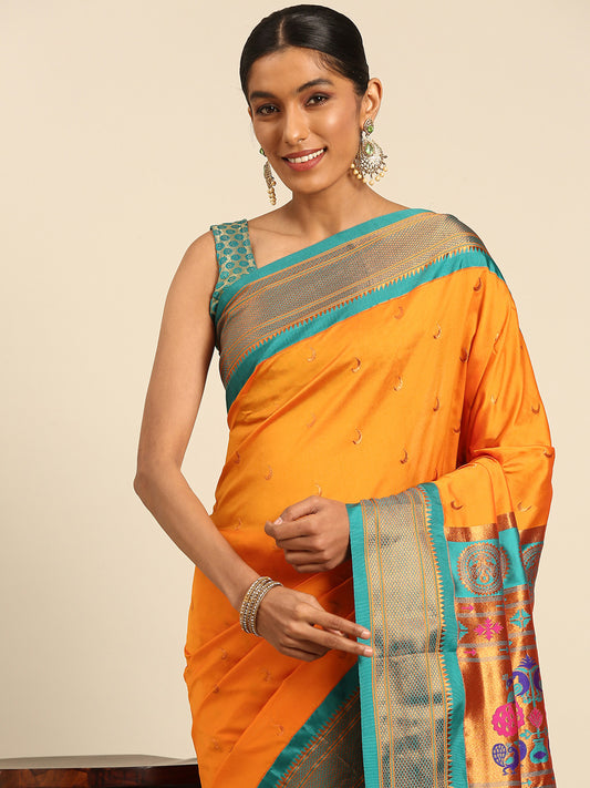 Chandrkala Mustard & Rama Soft Silk Chandrakor Paithani Saree