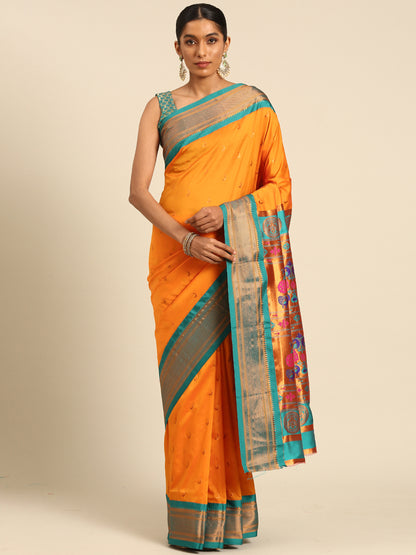 Chandrkala Mustard & Rama Soft Silk Chandrakor Paithani Saree