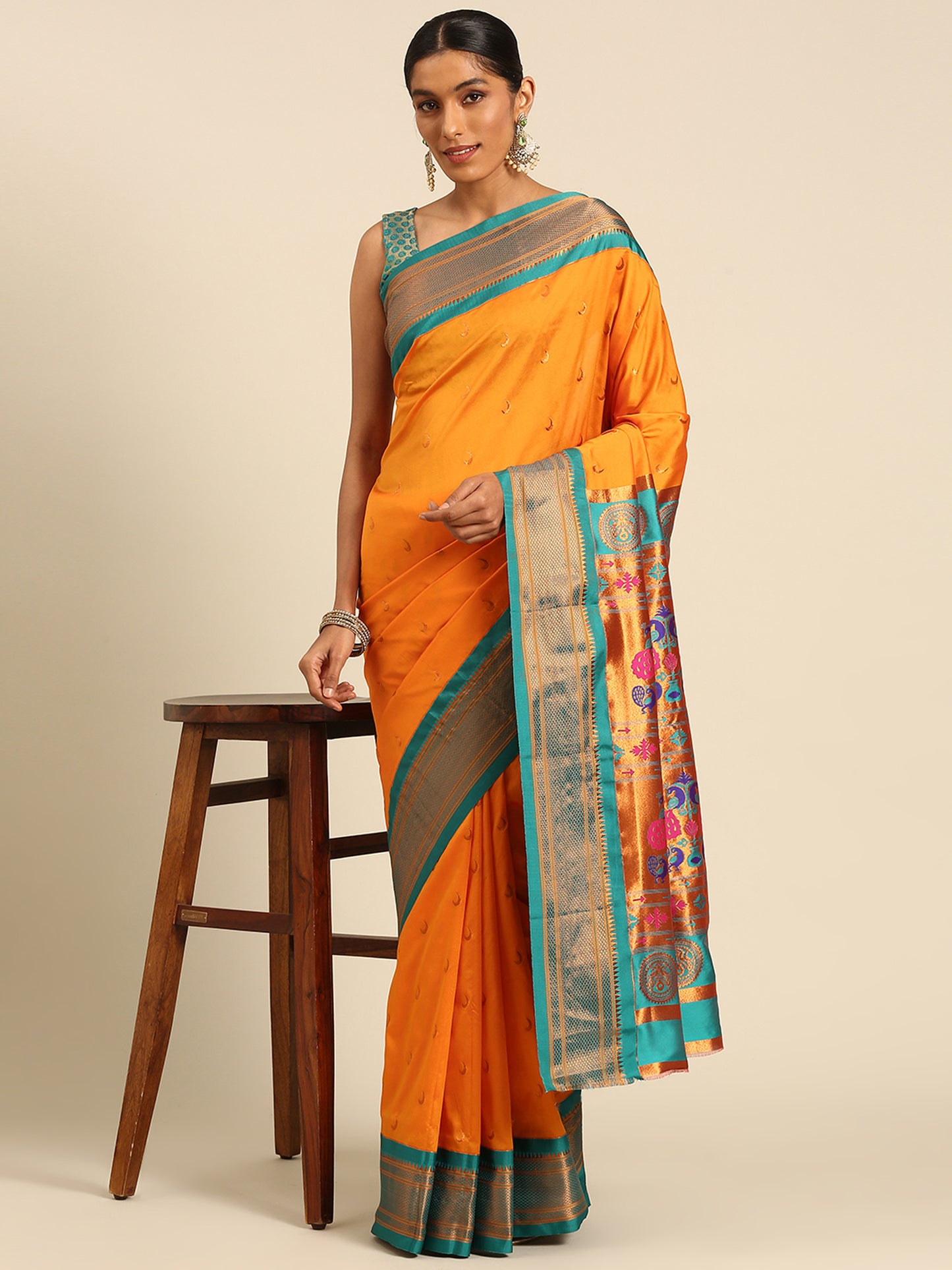 Chandrkala Mustard & Rama Soft Silk Chandrakor Paithani Saree