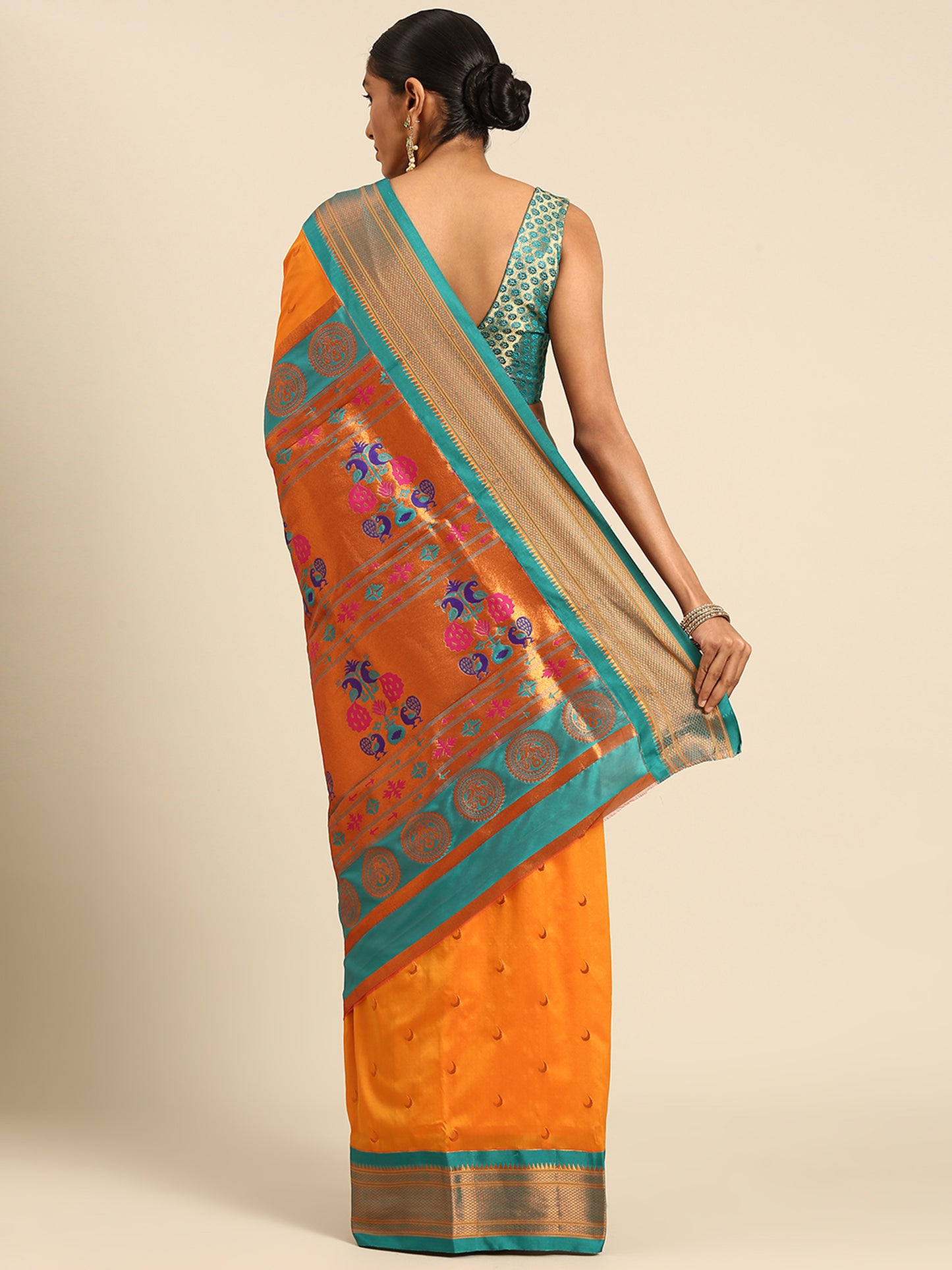 Chandrkala Mustard & Rama Soft Silk Chandrakor Paithani Saree