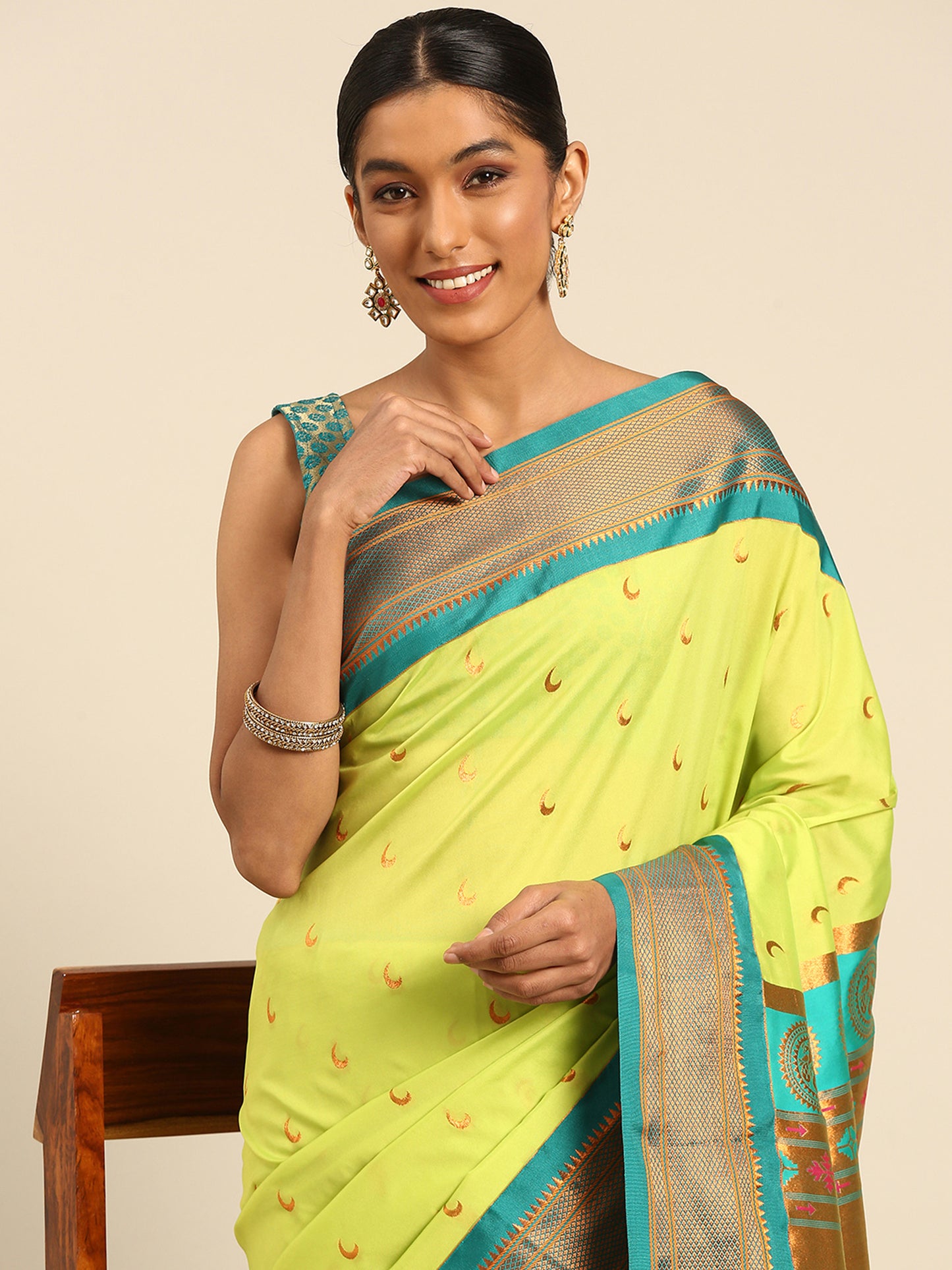 Chandrkala Parrot Green & Rama Soft Silk Chandrakor Paithani Saree