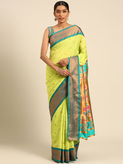 Chandrkala Parrot Green & Rama Soft Silk Chandrakor Paithani Saree