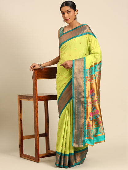 Chandrkala Parrot Green & Rama Soft Silk Chandrakor Paithani Saree