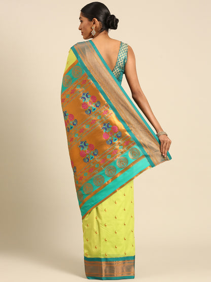 Chandrkala Parrot Green & Rama Soft Silk Chandrakor Paithani Saree