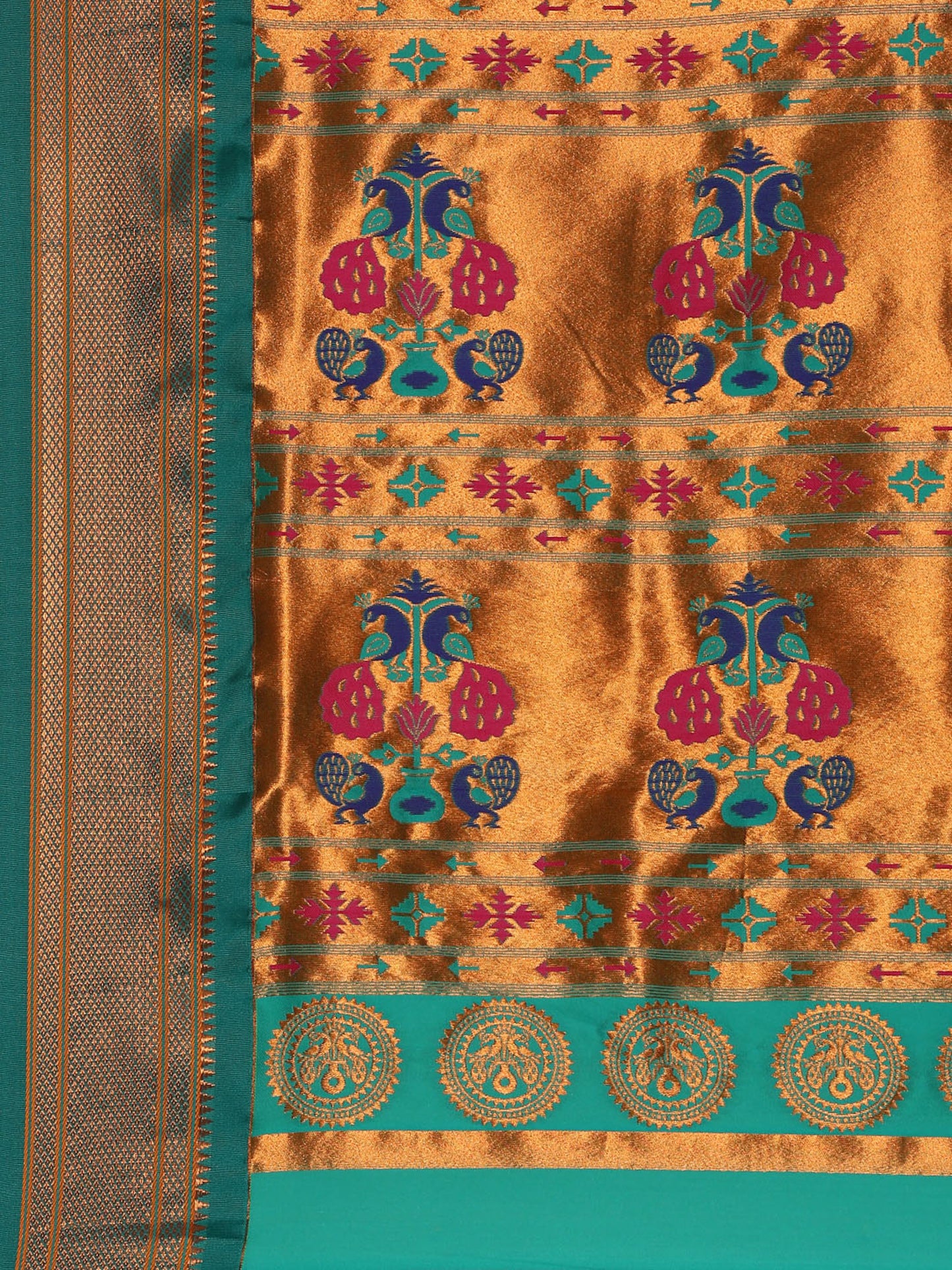 Chandrkala Parrot Green & Rama Soft Silk Chandrakor Paithani Saree