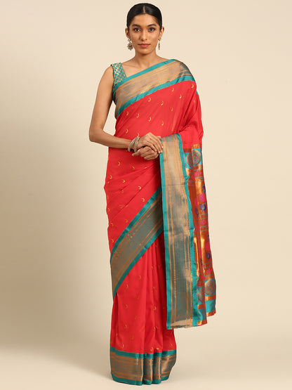 Chandrkala Red & Rama Soft Silk Chandrakor Paithani Saree