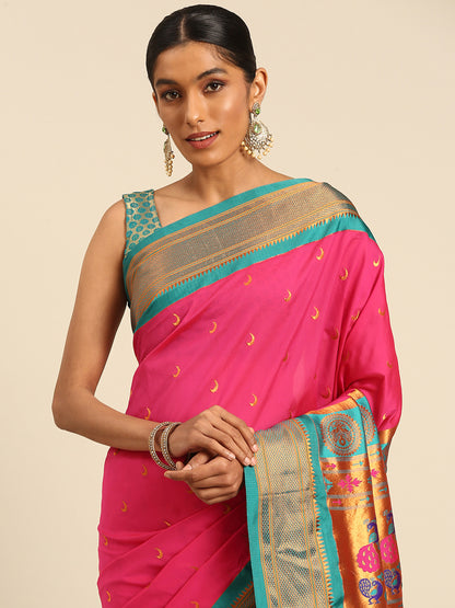 Chandrkala Hot Pink & Rama Soft Silk Chandrakor Paithani Saree