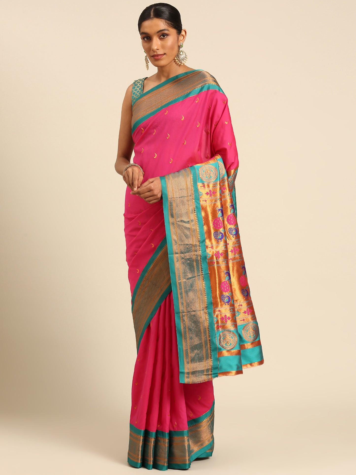 Chandrkala Hot Pink & Rama Soft Silk Chandrakor Paithani Saree