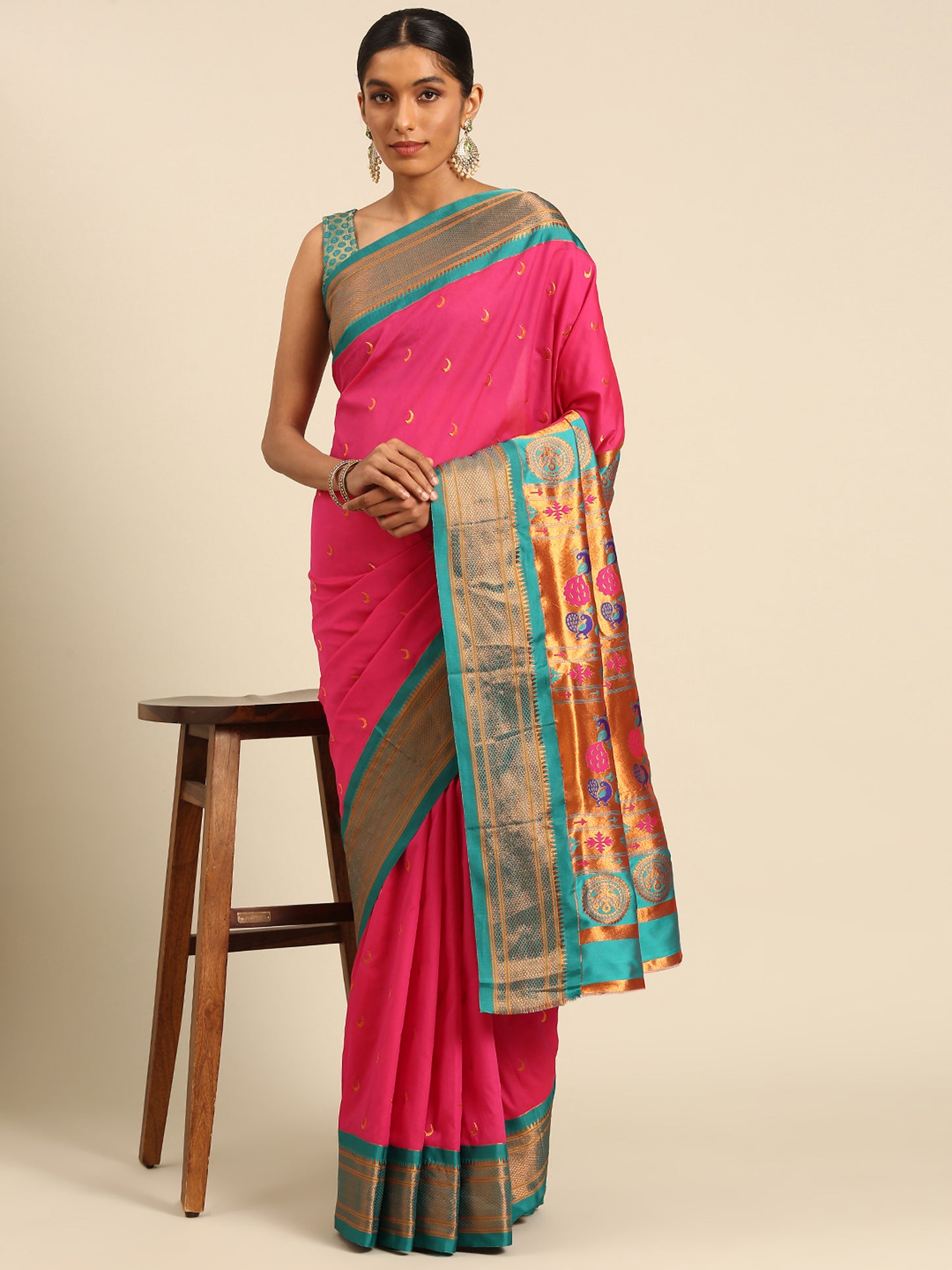 Chandrkala Hot Pink & Rama Soft Silk Chandrakor Paithani Saree