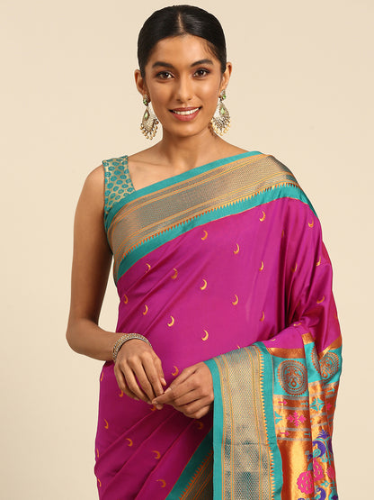 Chandrkala Magenta & Rama Soft Silk Chandrakor Paithani Saree